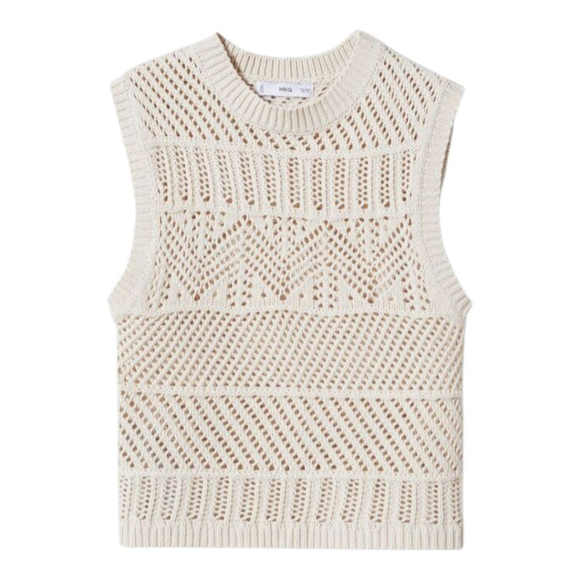 MNG Mango Ecru Open Knit Cotton Poly Blend Sweater Vest - Picture 7 of 16
